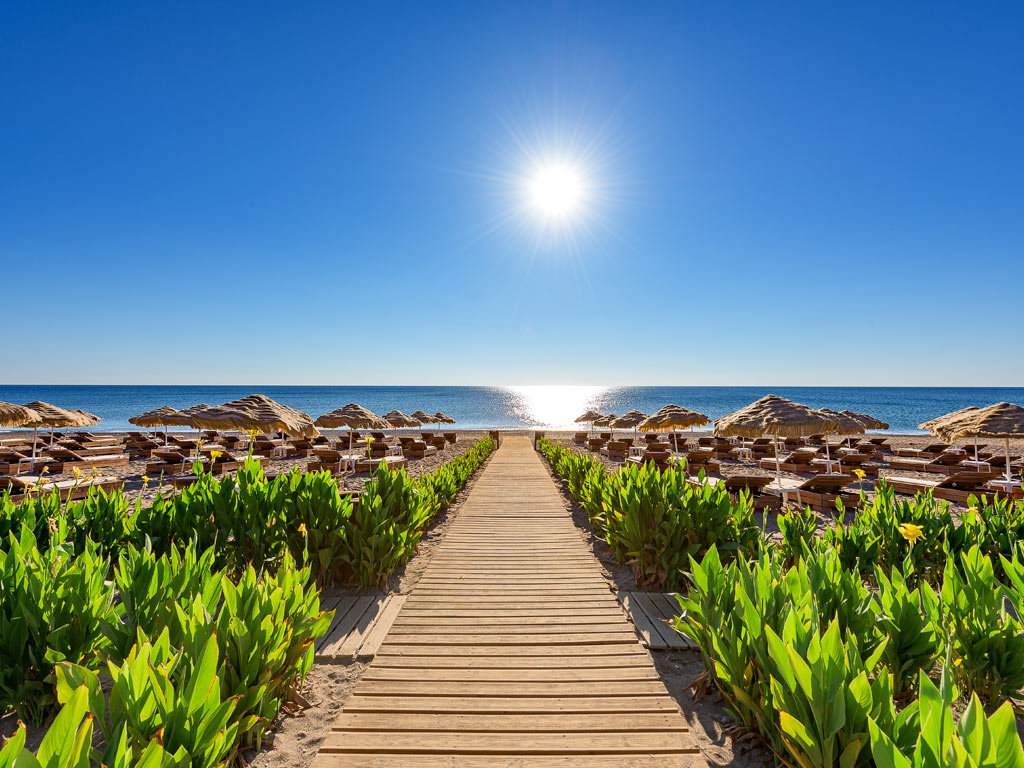 Stranden og hotellets solsenge